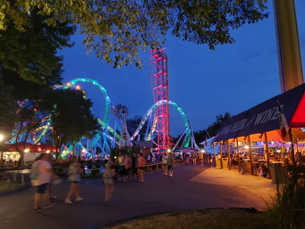 Adventureland Resort Theme Park Gluten Free Foods - Iowa Beer and Wine, Dragon Slayer, and The Monster at night.